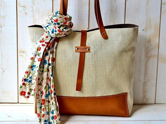 Linen Tote Bag with Leather Bottom and Leather Shoulder Straps