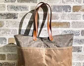 Waxed Canvas Tote Bag: Green & Tan, Leather Straps, Handmade