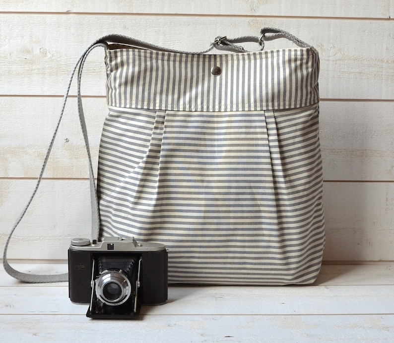 Canvas Diaper bag, Messenger bag, Grey Canvas bag, Striped bag, Gift for her, Geometric bag, Nautical striped, Gift for mom, Crossbody bag image 1