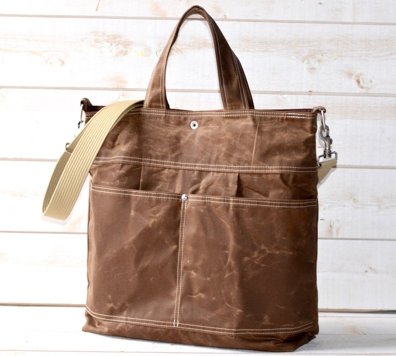 Waxed canvas tote bag, Laptop bag or Weekender bag, Vegan Messenger bag IKABAGS 3 Way image 1