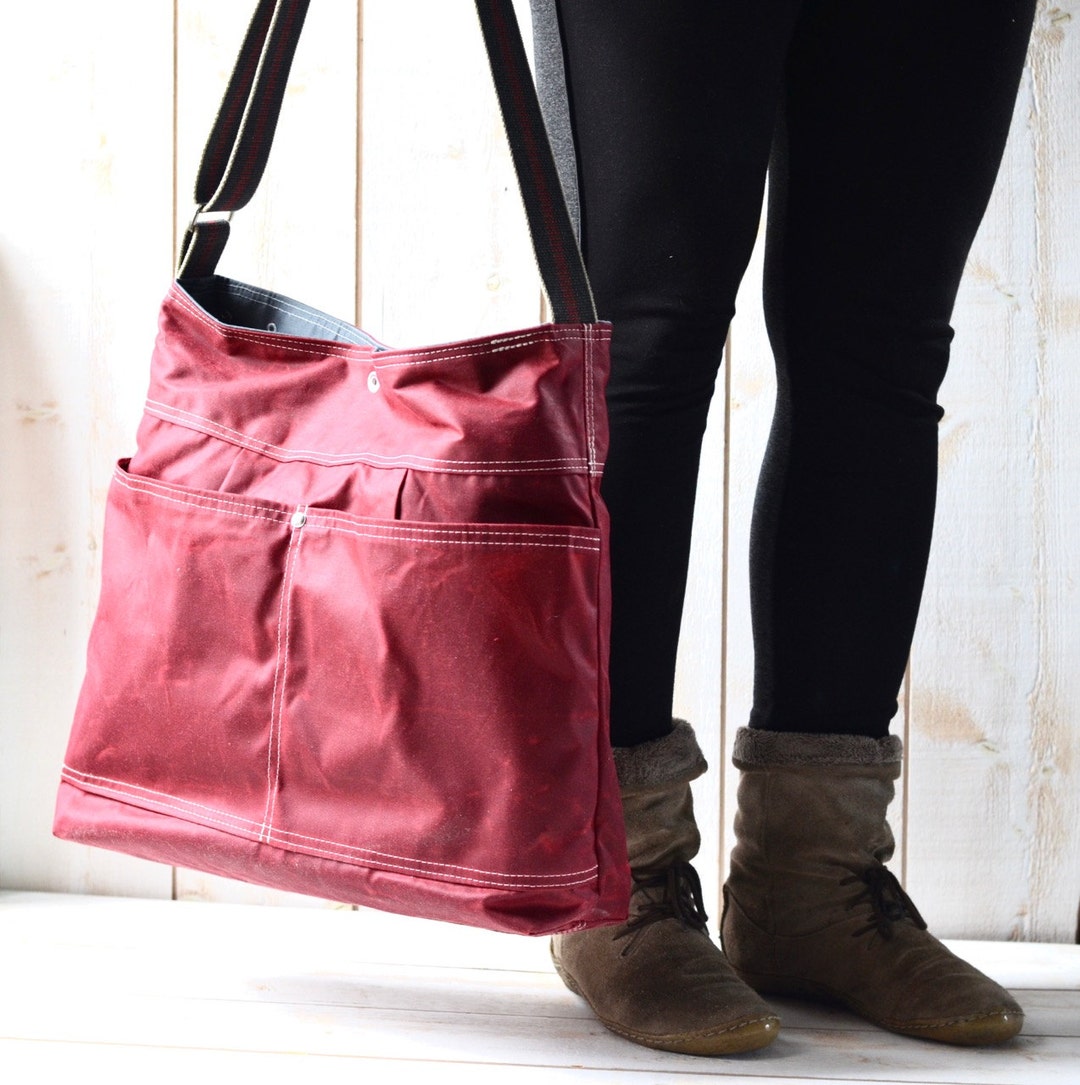 Waxed Canvas Crossbody Hobo Bag in Red , Weekender Bag New Mom