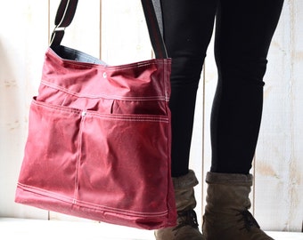 Waxed Canvas Crossbody hobo bag in Red Garnet , Weekender bag New mom gift IKABAGS