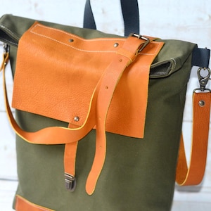 Canvas Tote Bag with leather bottom and leather cross body strap Forest Green messenger bag, IKABAGS 3 Way image 4