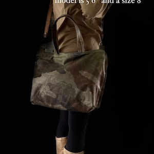 Camouflage Canvas tote bag , Waxed canvas tote , Back to school bag, Messenger bag, Diaper bag, Valentine day gift, Gift for her, Travel bag image 3
