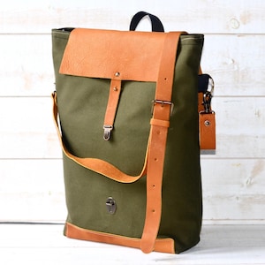 Canvas Tote Bag with leather bottom and leather cross body strap Forest Green messenger bag, IKABAGS 3 Way image 1