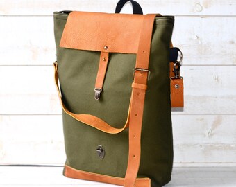 Canvas Tote Bag with leather bottom and leather cross body strap Forest Green messenger bag, IKABAGS 3 Way