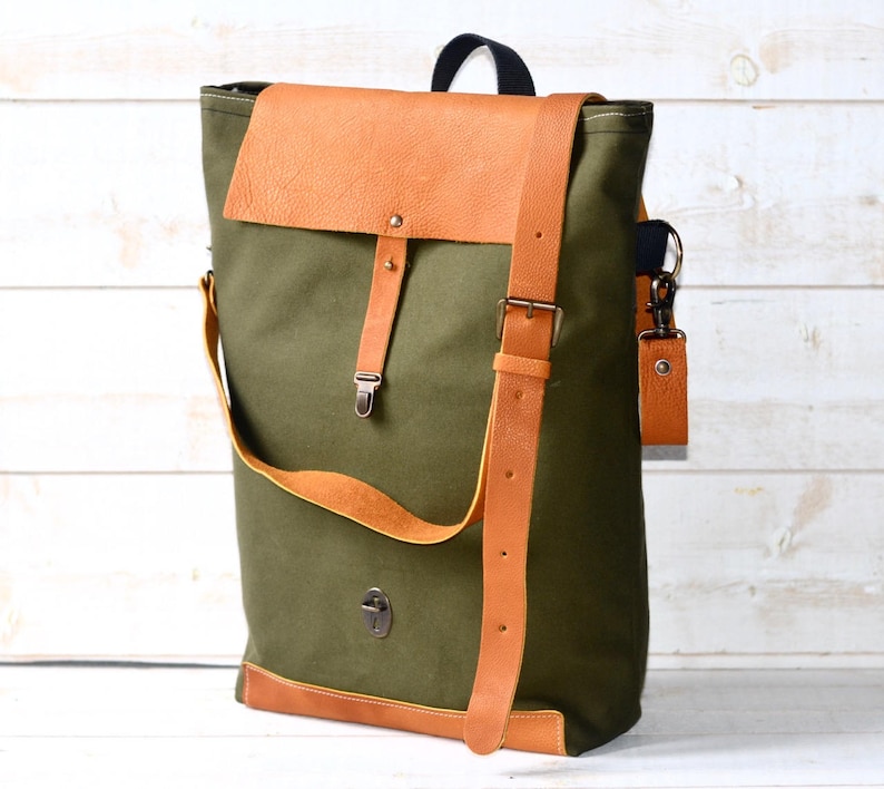 Canvas Tote Bag with leather bottom and leather cross body strap Forest Green messenger bag, IKABAGS 3 Way image 1