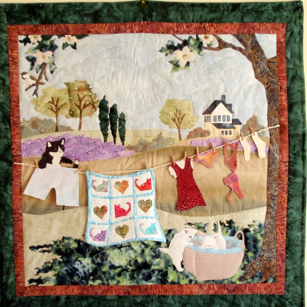 Quilted Wall Hanging - Spring clothesline with kittens