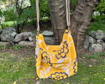 SMALL-Sized  Large Flowers on Yellow  Fabric LUCY BAG, Shoulder, Cross-Body, Carry-On, Weekender Bag, Fall Fashion, Boho Style, Small Purse