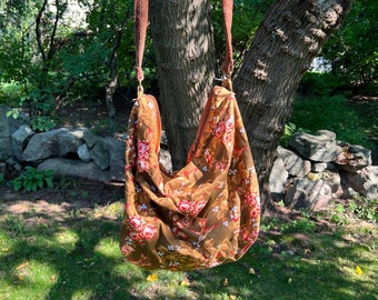 MEDIUM-Sized  Hummingbird Floral Brown Fabric  ARIANA BAG, Boho Bag, Shoulder Bag, Slouchy Bag, Fall Fashion, Bohemian Style, Medium Purse