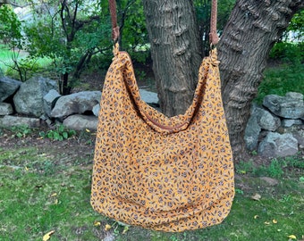 LARGE-Sized  Small Brown Calico on Pumpkin Orange Fabric  HERMIONE BAG, Shoulder, Cross-Body, Weekender, Carry-On-Bag, Bohemian Style, Purse