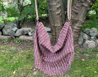 MEDIUM-Sized  Plum Dashes on Mauve Fabric  ARIANA BAG, Cross-Body, Shoulder, Carry-On, Weekender Bag, Fall Fashion, Boho Style, Medium Purse