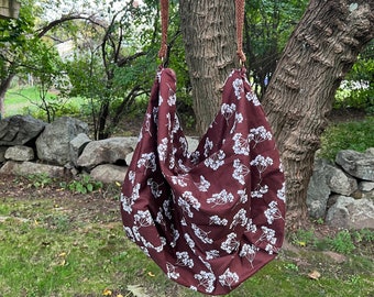 LARGE-Sized  White Sprigs on Rich Brown Fabric  HERMIONE BAG, Shoulder, Cross-Body, Weekender Bag, Carry-On-Bag, Bohemian Style, Boho Purse