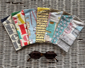 SM. Writing-Themed Fabric Reading Glasses Case, Small Eyeglasses Pouch, Reader's Slip, Travel Accessory, Gift for Boyfriend, Uncle, Father