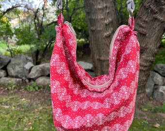 SMALL-Sized  White Lace on Country Red Fabric LUCY BAG, Shoulder, Cross-Body, Carry-On, Weekender Bag, Fall Fashion, Boho Style, Small Purse