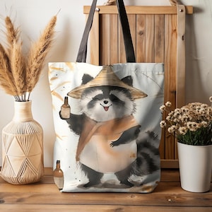 Cute Tanuki Raccoon Tote Bag | Japanese Art Print | Funny Animal Lover Gift | Anime Aesthetic Canvas Bag | Durable Reusable Shopper | Sumi-e
