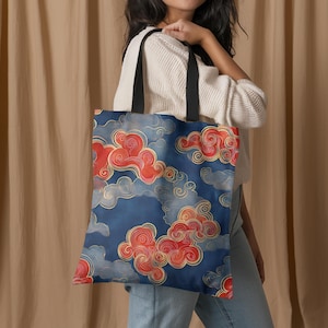 Japanese Auspicious Cloud - Tote Bag | Red and Gold Kumo Pattern Print | Dark Blue Aesthetic Canvas Shopper Bag for her | Seamless Fabric
