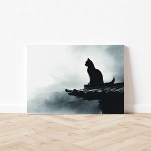 Sentinel Cat Silhouette Art | Japanese Ink Wash Print | Zen Japandi Wall Decor | Monochrome Canvas | Ready To Hang | Gallery Wrap Canvas