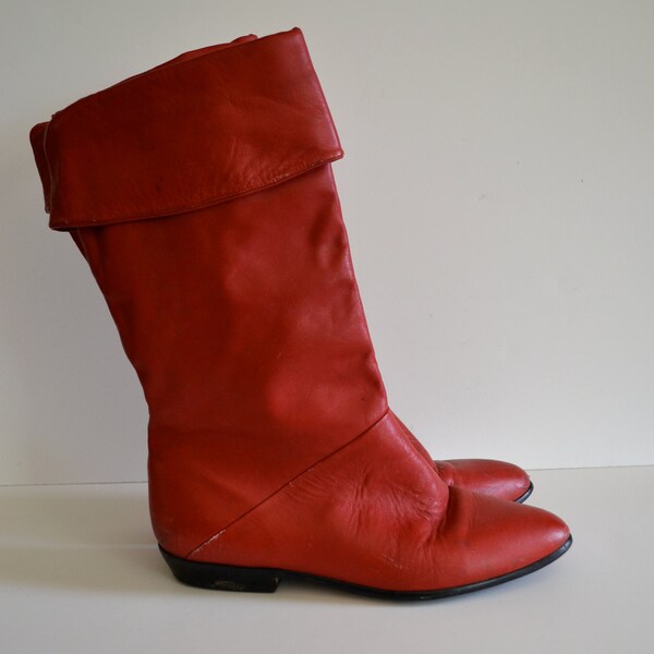Vintage Pirate Boots in Red Leather/ Knee High Fold Down Flat Boots with Pointy Toe/ Size 7.5