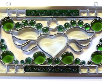 Beveled Heart Stained Glass Panel with Green Glass Globs