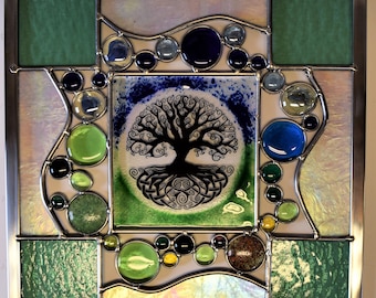 Fused and Stained-Glass Tree of Life Panel 13x13 inches.