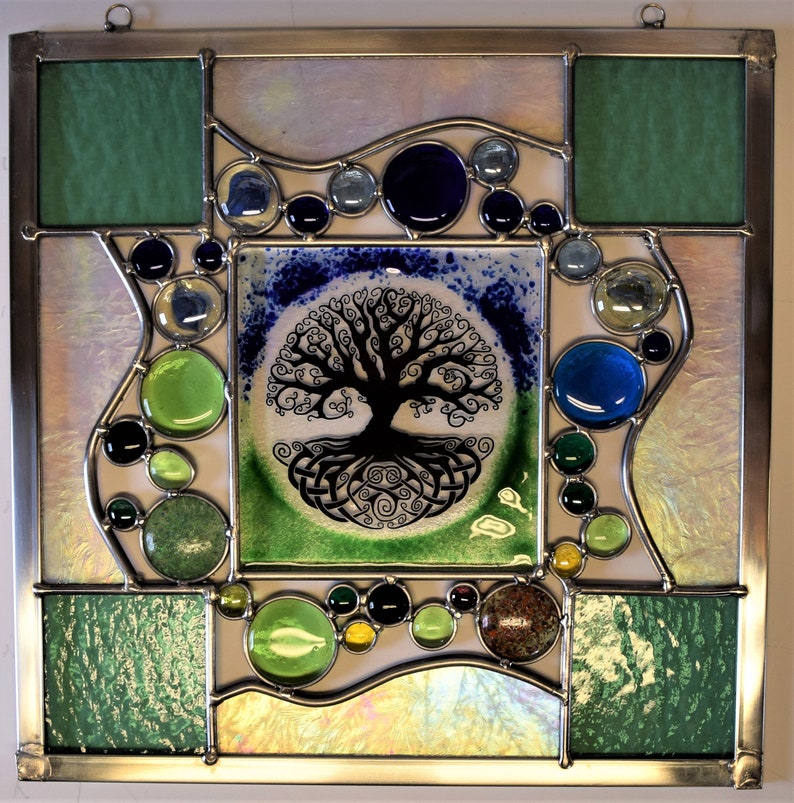 A Stained Glass Panel With a Fused Glass Tree of Life in the Middle