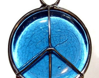 Blue Glass Peace Sign Suncatcher, 2" Window Decor