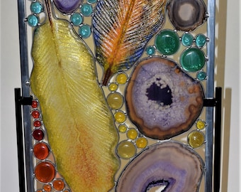 Fused Glass Panel – Feather & Agate Stained Glass Art with Metal Stand