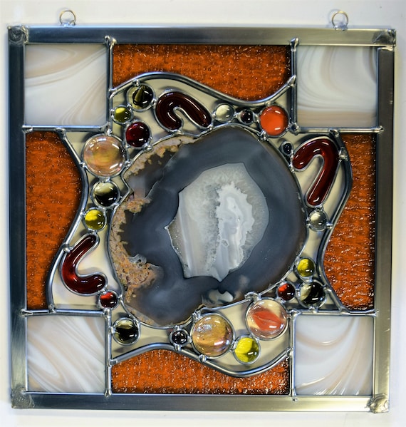 Medium stained glass square sun catcher with brazilian agate and filled with stained glass.