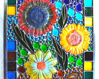 Floral Stained and Fused Glass Panel - Zinc Frame 14"x21"