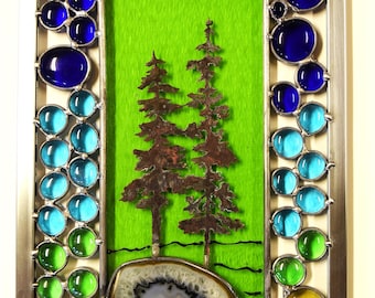 Copper Tree Stained Glass Suncatcher, Fused Glass Landscape