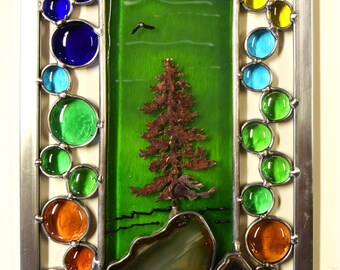 Stained Glass Suncatcher: Copper Tree Landscape Panel