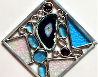 Brazilian Agate Stained Glass Suncatcher, 6" Square Window Art