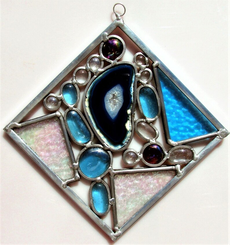 Medium stained glass square sun catcher with brazilian agate and filled with stained glass.