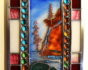 Stained & Fused Glass Suncatcher: Copper Tree Landscape Panel