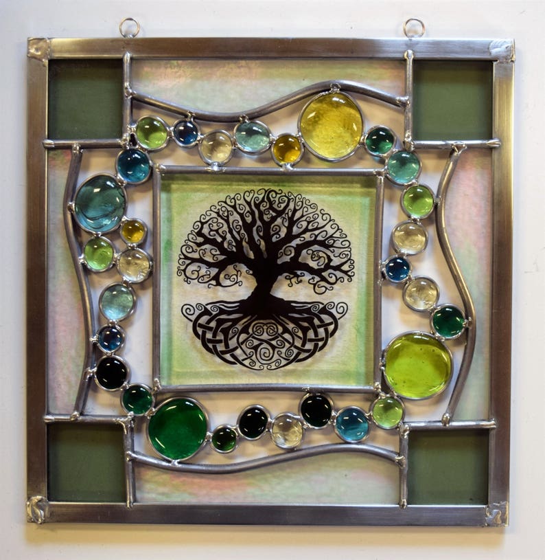 A Stained Glass Panel With a Fused Glass Tree of Life in the Middle