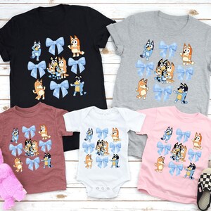 Blue Pup Family Matching Shirts – Coquette Bow Cartoon Dog Tee – Baby Toddler Adult Outfit Set