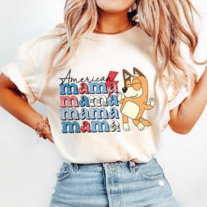 American Mama Shirt, Patriotic 4th of July Mom Tee, Cute Cartoon Dog Graphic T-Shirt, Red White Blue Mama Top