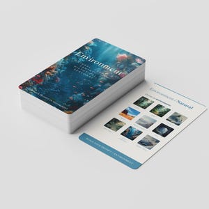 May include: A stack of cards with an underwater scene on the top card, featuring the word "Environment" in white. A second card displays environment options. The cards have a blue and white color scheme.