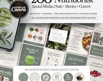 May include: Aesthetic social media templates for nutritionists, featuring 200 Instagram posts, stories, and covers. The design includes templates on topics like healthy grocery lists, apple benefits, and brain health. Includes 80 bonus story highlights.