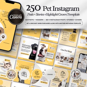 Pode incluir: Um conjunto de 250 modelos Instagram para animais de estimação com um design moderno. Os modelos incluem posts, stories e capas de destaque. O design apresenta imagens de cães e gatos, com texto como "Our Pet Shop" e "International Cat Day".