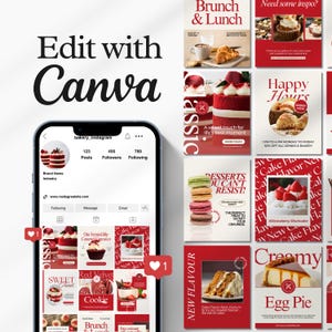 Editable bakery Instagram templates featuring cake posts, bakery menus, food photography layouts, promotional carousels, and social media ads for bakeries, cake shops, and food bloggers.