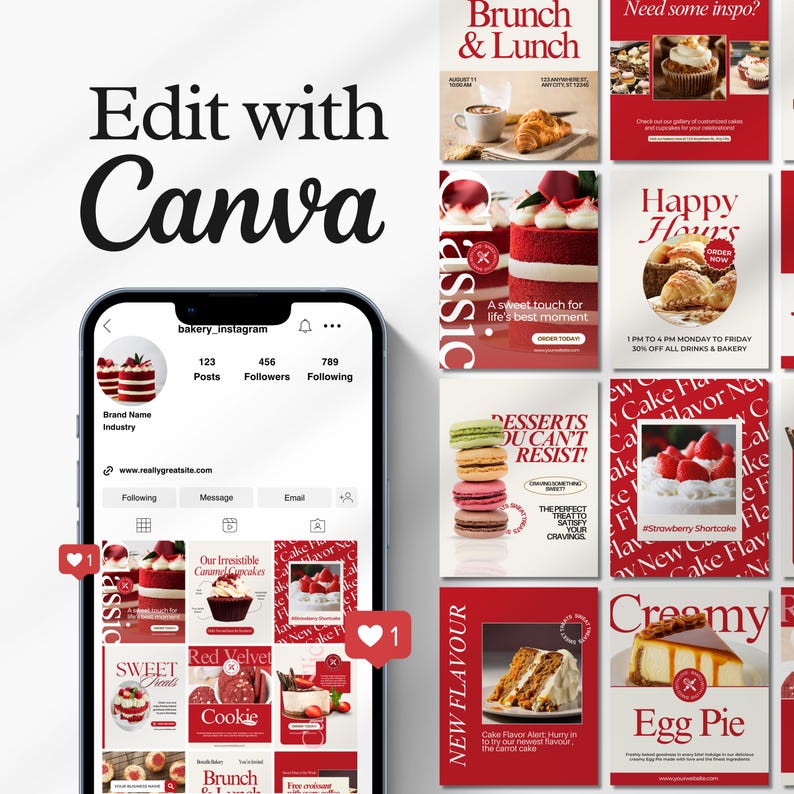 Editable bakery Instagram templates featuring cake posts, bakery menus, food photography layouts, promotional carousels, and social media ads for bakeries, cake shops, and food bloggers.