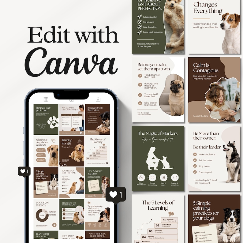 Modern dog Instagram templates featuring pet infographics, dog training tips, grooming and walking content, aesthetic posts, pet Facebook graphics, and UGC designs for pet shops, trainers, groomers, and dog walkers.