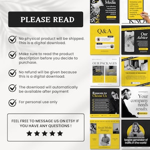 Pu&ograve; includere: Una grafica nera e gialla con un elenco di controllo di informazioni su un download digitale. Il testo recita "PLEASE READ", "No physical product will be shipped. This is a digital download.", "Make sure to read the product description before you decide to purchase.", "No refund will be given because this is a digital download.", "The download will automatically be available after payment", "For personal use only", "FEEL FREE TO MESSAGE US ON ETSY IF YOU HAVE ANY QUESTIONS!" e include una valutazione a cinque stelle.