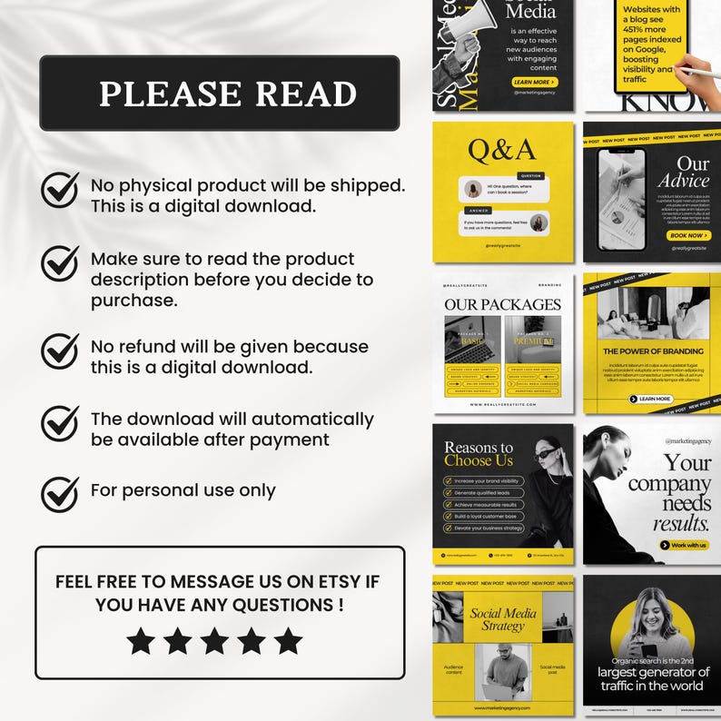 Pu&ograve; includere: Una grafica nera e gialla con un elenco di controllo di informazioni su un download digitale. Il testo recita "PLEASE READ", "No physical product will be shipped. This is a digital download.", "Make sure to read the product description before you decide to purchase.", "No refund will be given because this is a digital download.", "The download will automatically be available after payment", "For personal use only", "FEEL FREE TO MESSAGE US ON ETSY IF YOU HAVE ANY QUESTIONS!" e include una valutazione a cinque stelle.