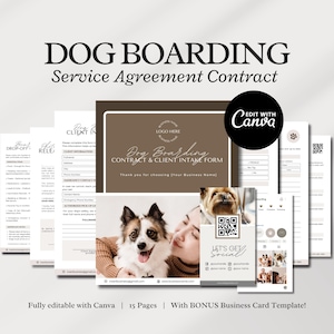 Dog Boarding Service Agreement/Contract Template, Editable & Printable Pet Boarding Business New Client Intake Form, Invoice Template, CANVA