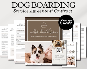 May include: A dog boarding service agreement contract and client intake form template. The design includes a brown and white color scheme, with a photo of a person and a dog. The text includes "Dog Boarding" and "Edit with Canva."