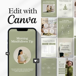 May include: A collage of green and white digital images with text and illustrations. The images include tips for morning mindfulness, gratitude, and changing your mindset. The text includes phrases like "Morning Mindfulness Tip", "Change Your Mindset", and "Gratitude unlocks abundance".