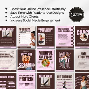 Editable fitness Instagram templates featuring nutrition tips, personal trainer posts, workout content, health coaching, and wellness designs for fitness coaches, trainers, and health professionals.